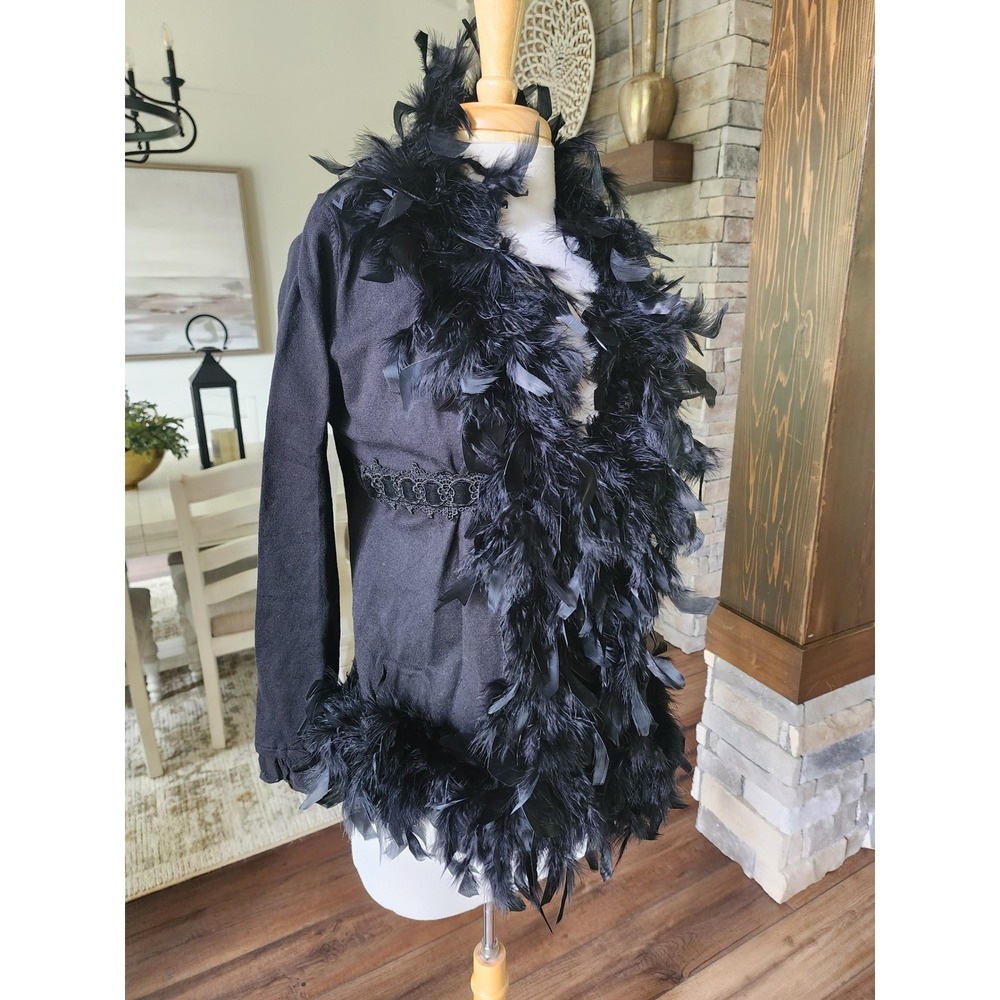 NWT Y2K Nygard Black Feather Trim Lace Inset Cardigan Jacket Womens Size S Goth